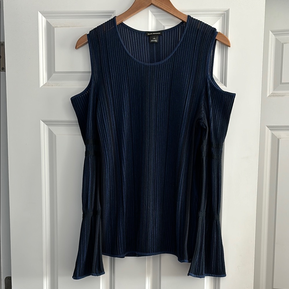 Club Monaco Cold Shoulder Ribbed Long Sleeve Top Large Navy Women’s